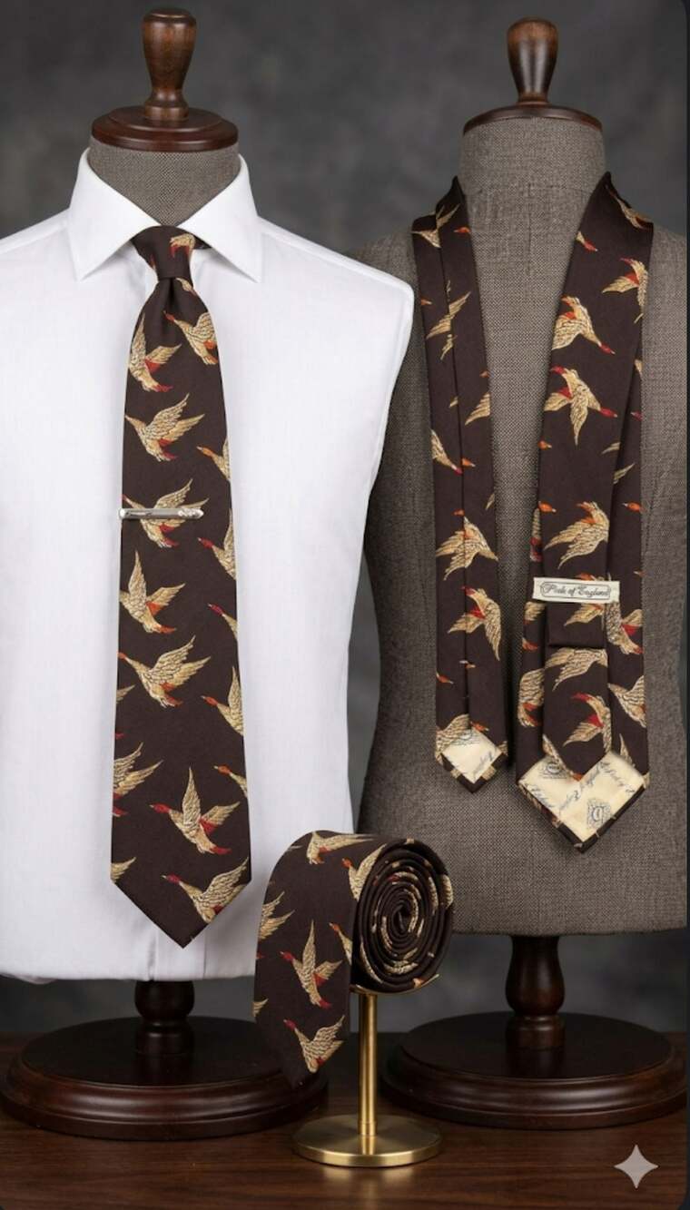 Briar Pride of England Brown Flying Duck Print Silk Necktie